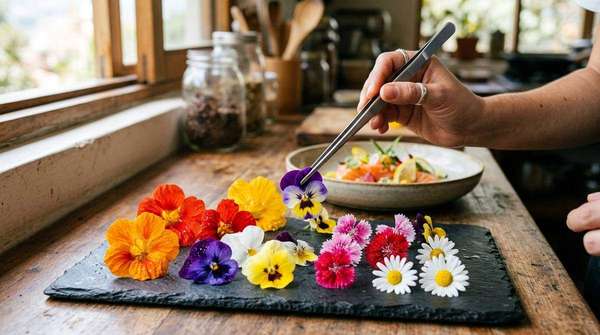 Flores comestibles sobre pizarra — Huerto de Autor